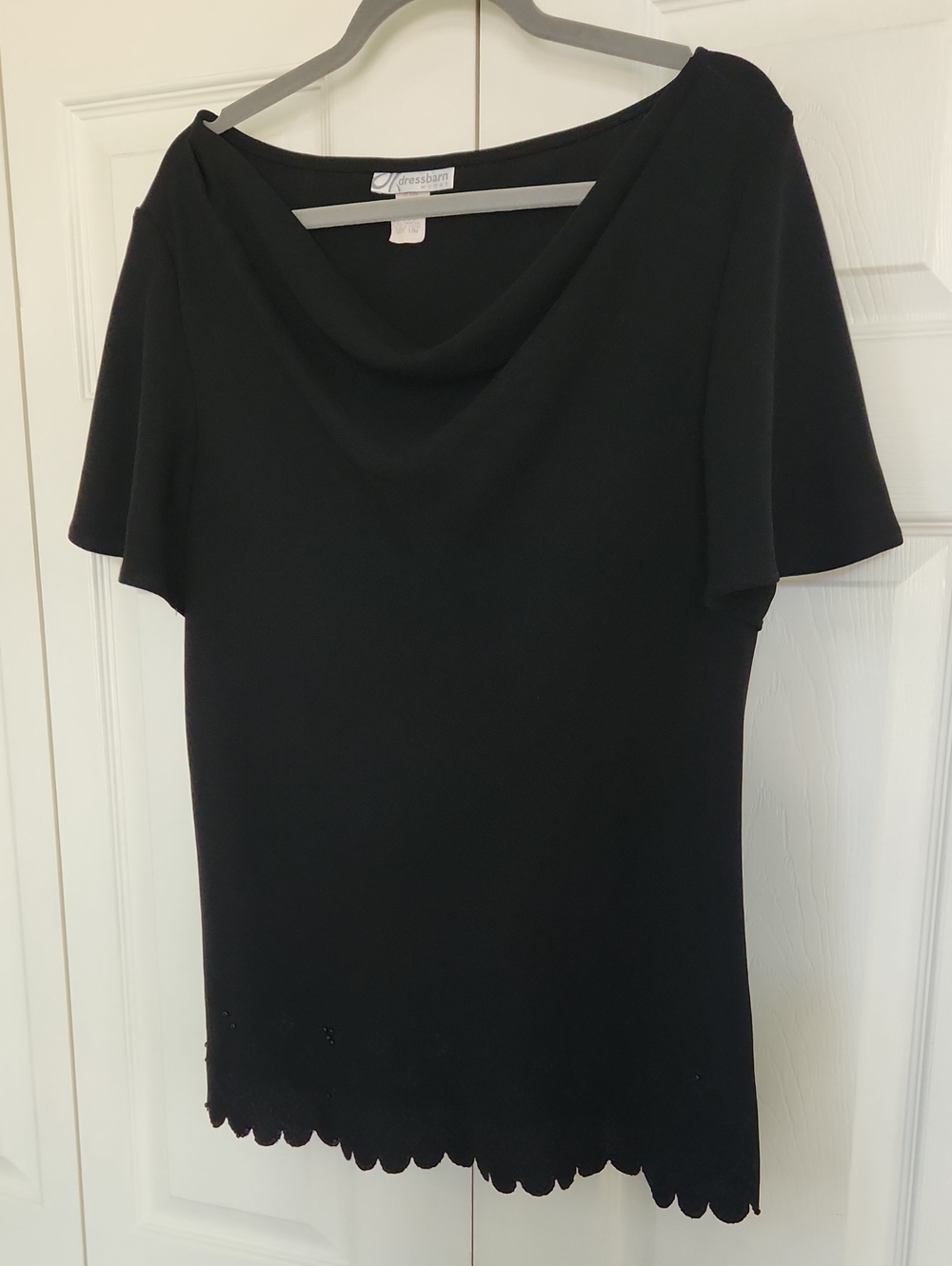 dressbarn Black Drape Neck Short Sleeve Top with Scallop Hem